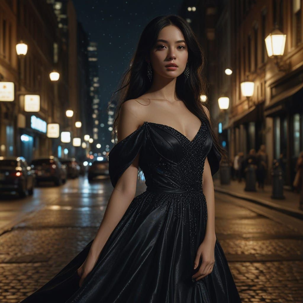 Glamorous Woman in Elegant Gown Overlooking Sparkling City