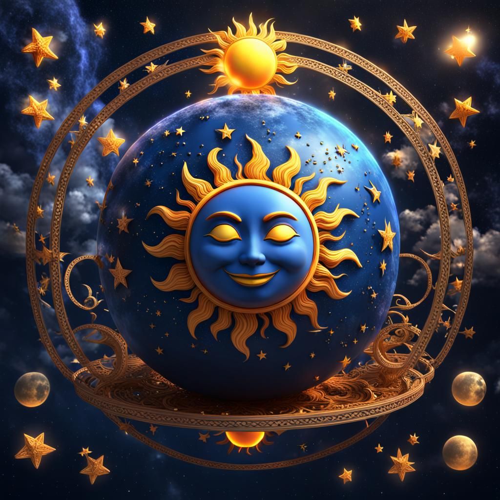 Smiling Sun and Moon in Mystical Sphere