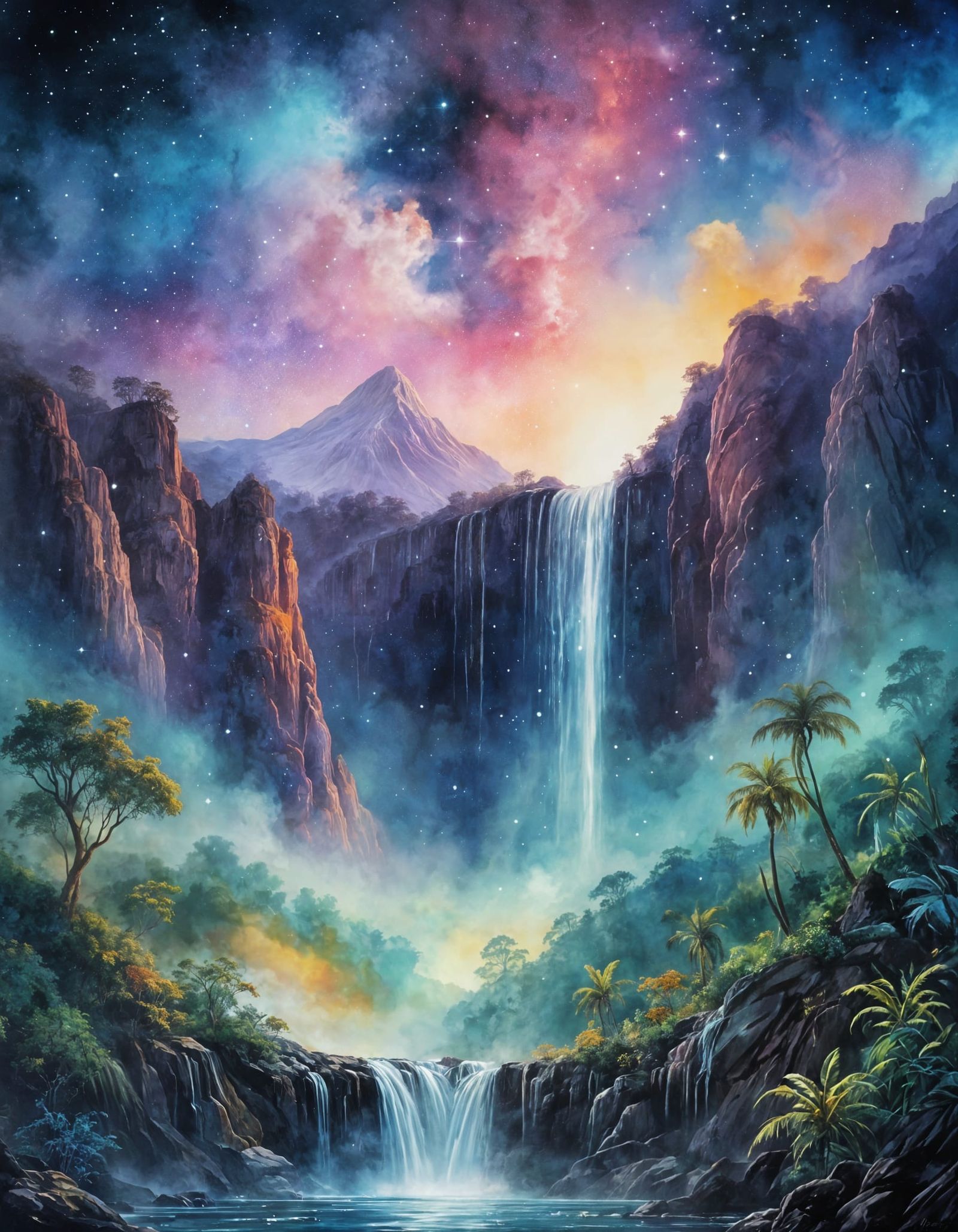 Wild Jungle Waterfall in Surrealist Watercolor Style