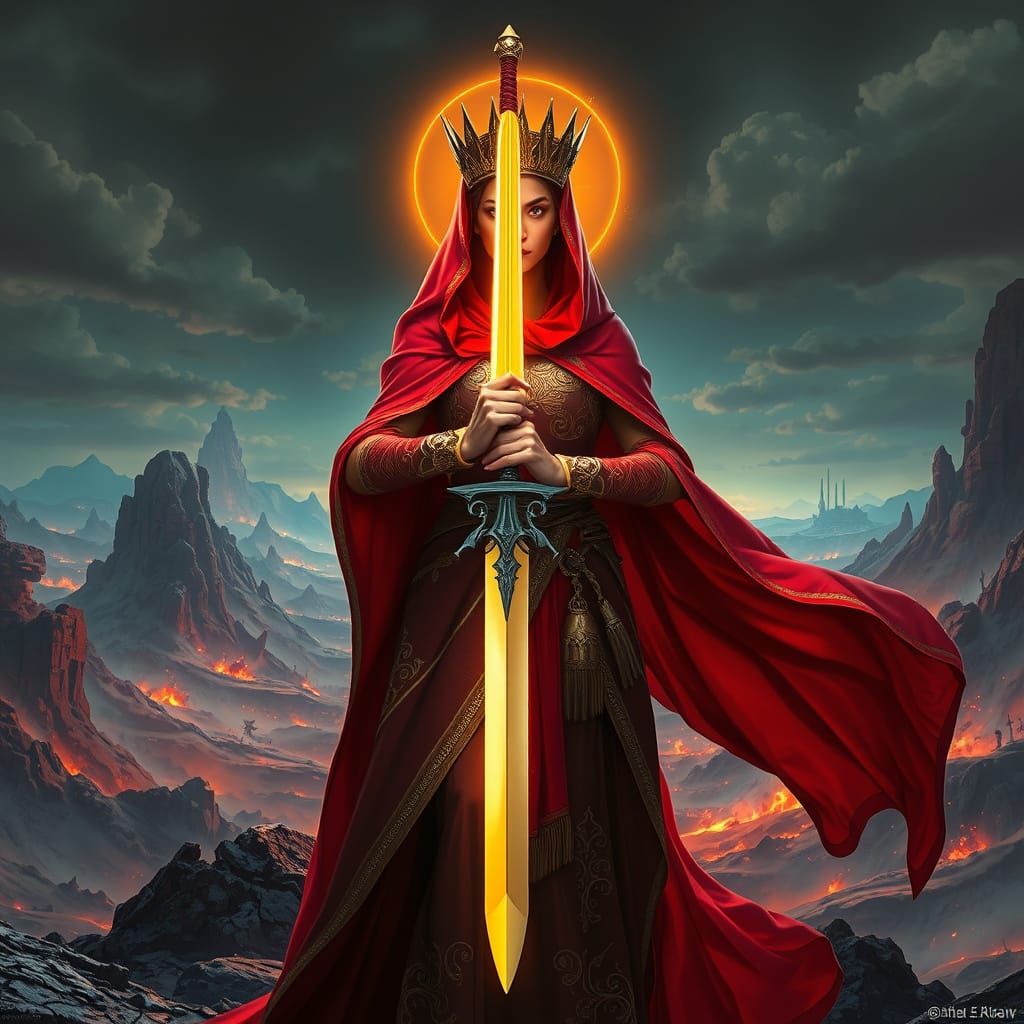 Holy Woman Wielding Sword in Dystopian Landscape
