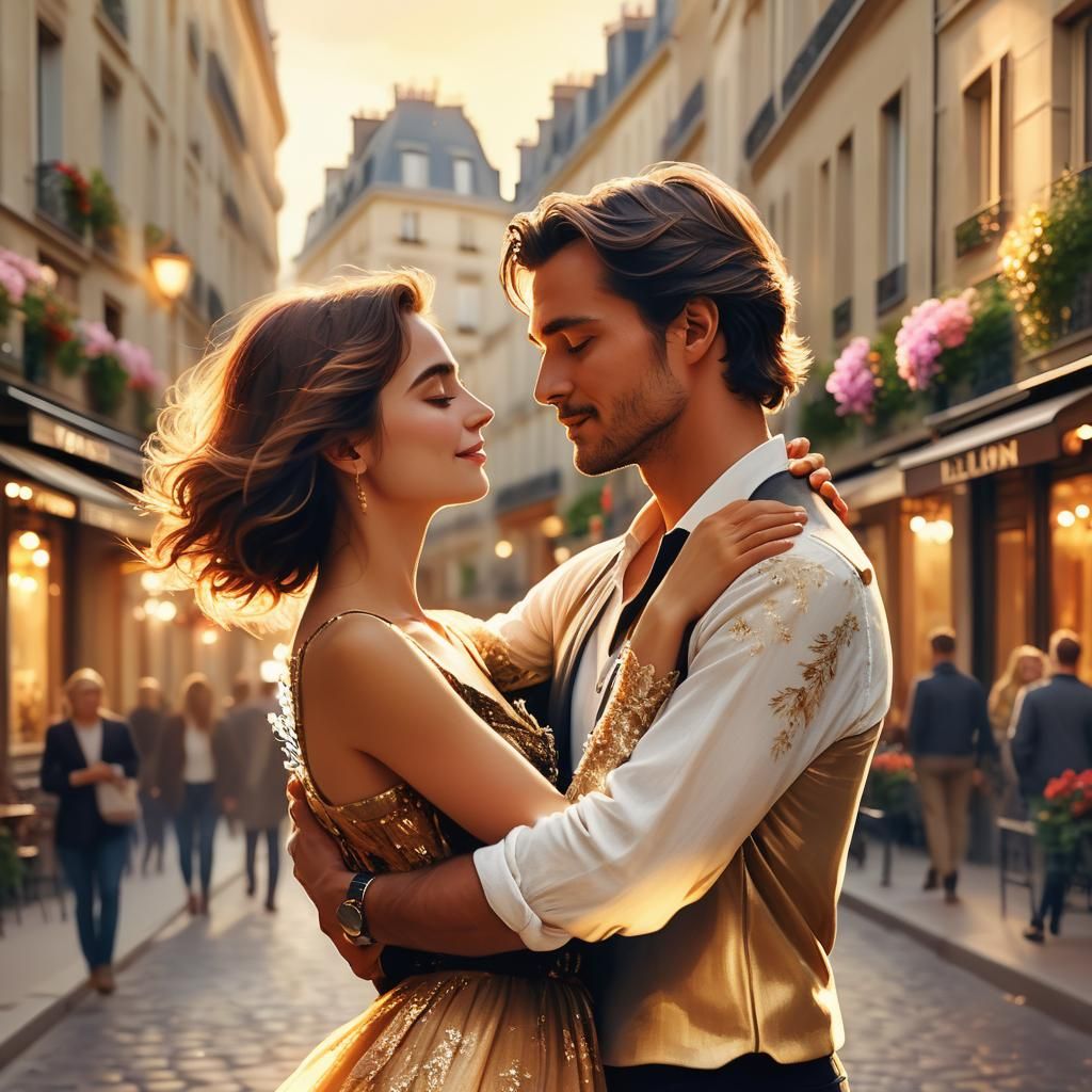 Romantic Couple Embrace in Golden Parisian Sunset