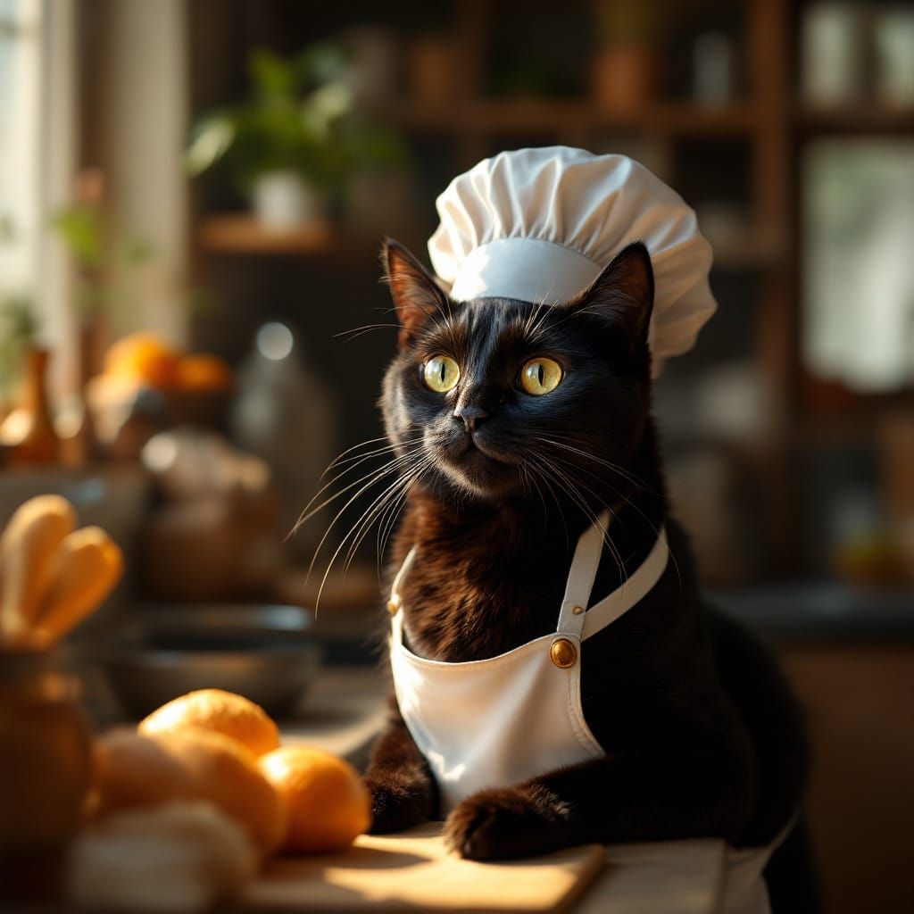 Black Cat Chef in Sun-Drenched Kitchen