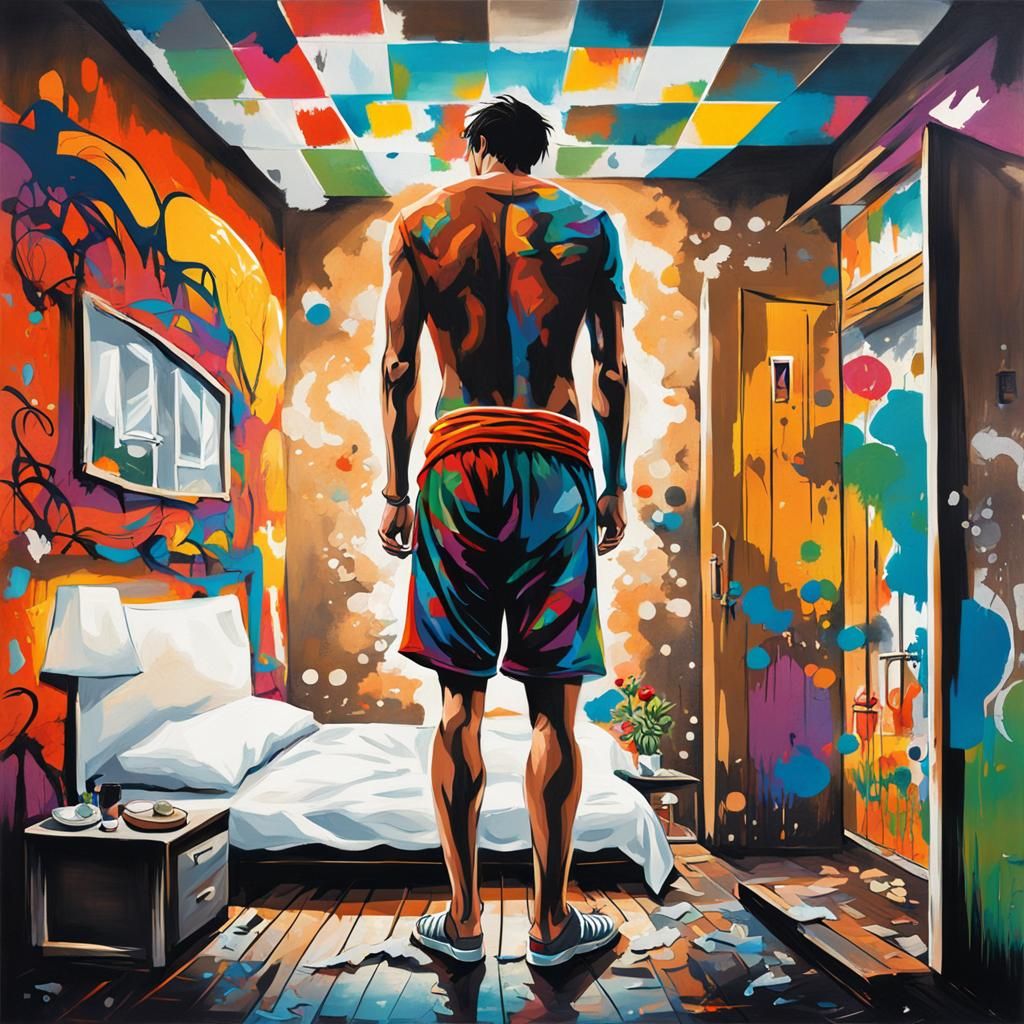 Man in Hotel Room: Graffiti Art Style