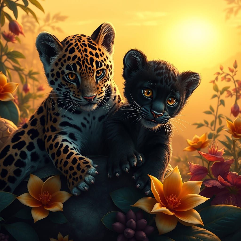 Majestic Baby Big Cats Unite in Whimsical Sunset Scene
