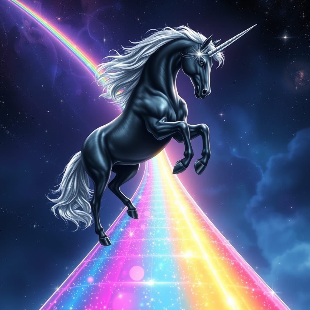 Dark Grey Unicorn on Sparkling Rainbow Bridge