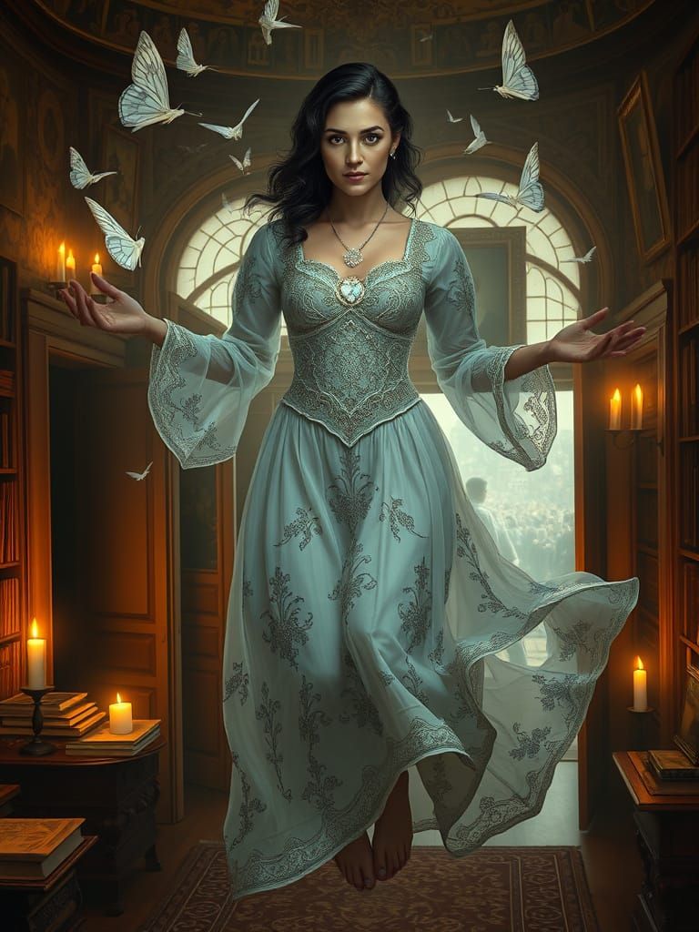 Create a high-resolution digital painting of Clara Trueba from Isabel Allende’s The House of the Spirits. Style: hyper-d...