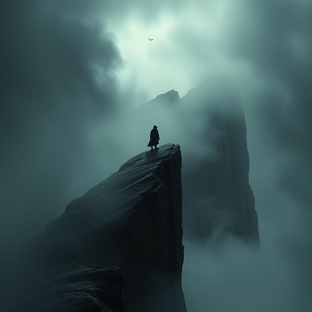 Cloaked Figure Contemplates Cliff Edge in Dark Mist