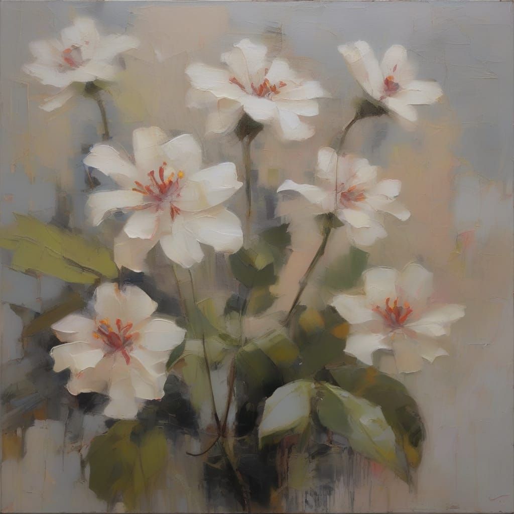 Modern Abstract Oil Painting with Exotic Floral Fragments