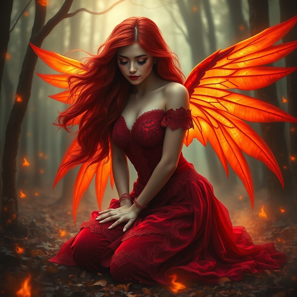 A fantasy-inspired illustration of a woman with flowing red hair and glowing orange wings, kneeling gracefully in a myst...