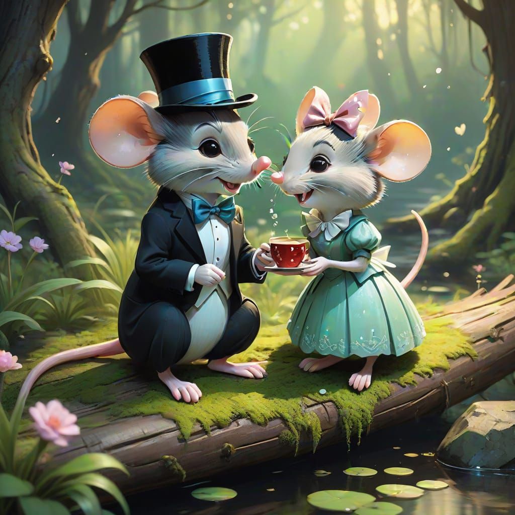 Dapper Mice Tea Party in Hyperrealistic Splash Art Style