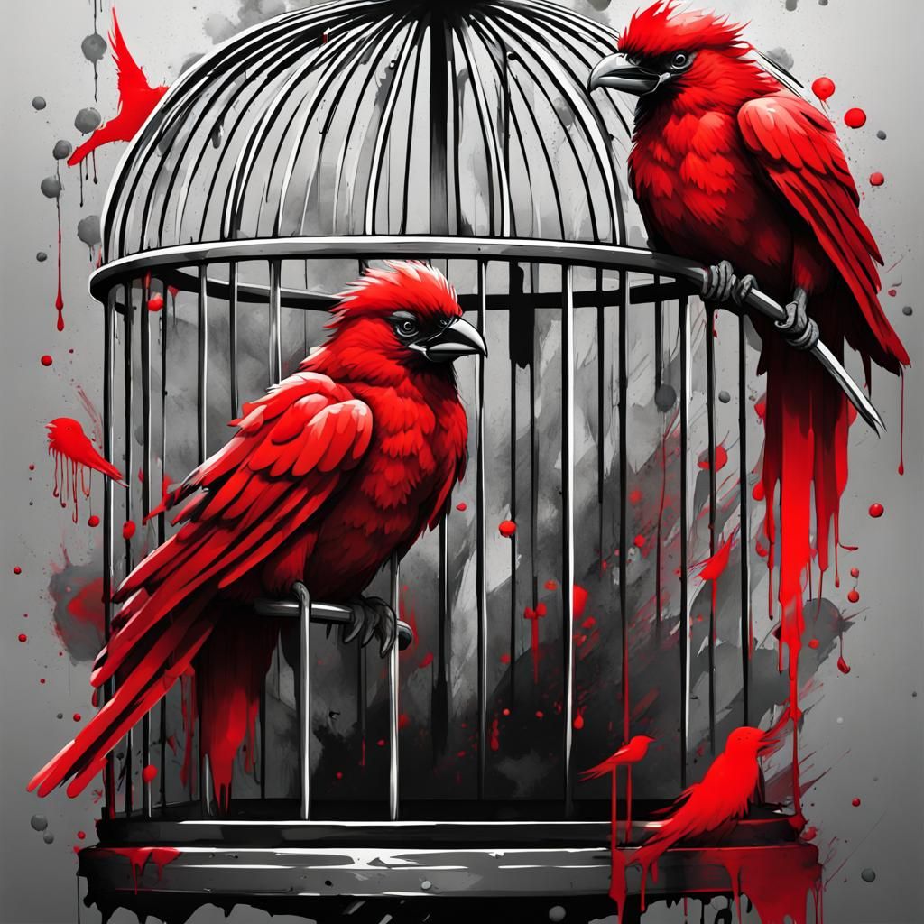 Vivid Birds Bursting from Cage in Graffiti Art