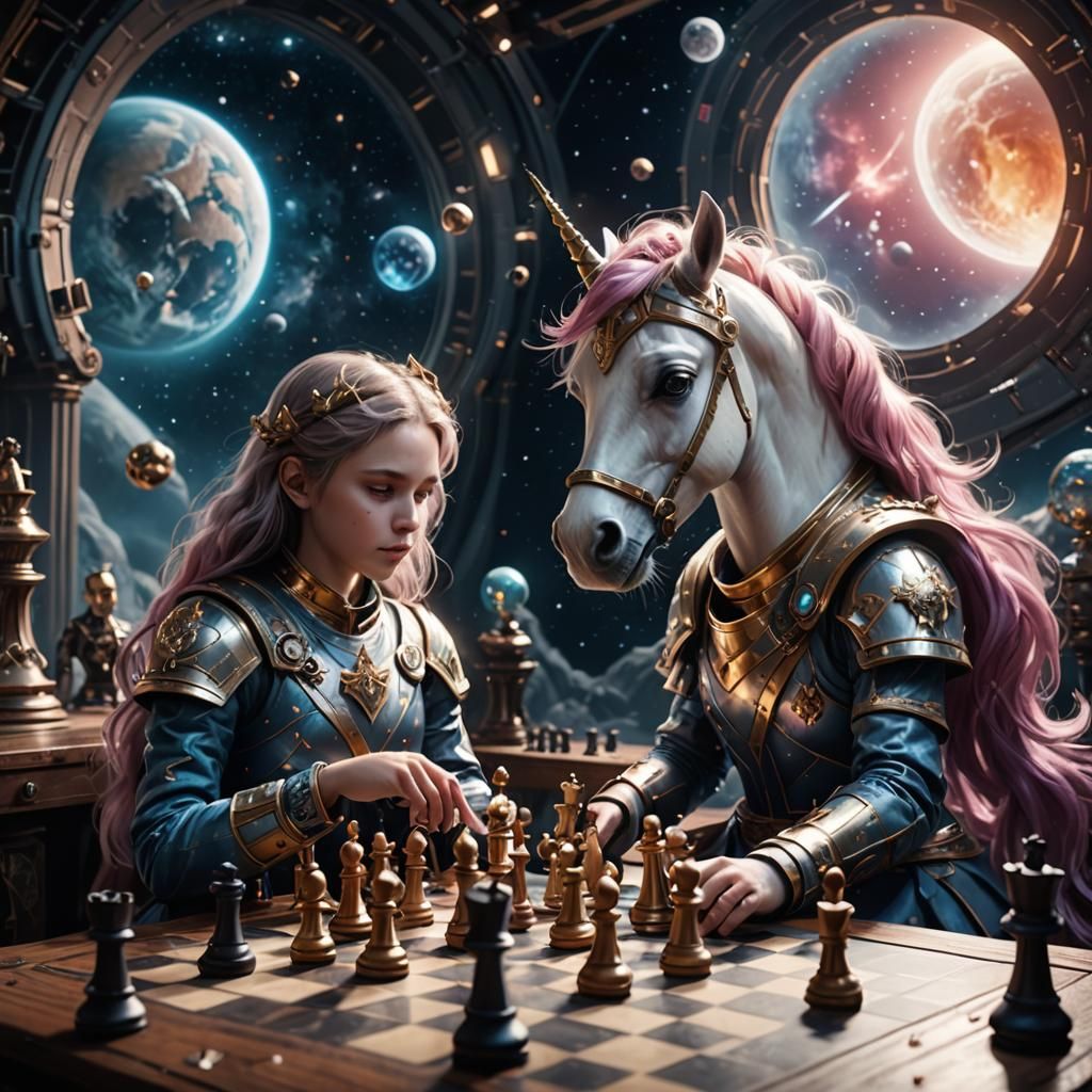 Chess Game in Space with Unicorns: Fantasy Art