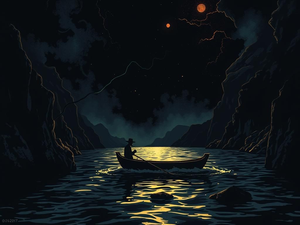 Ferryman Sails the Styx in Graphic Novel Style
