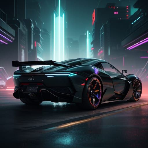 Cyborg Warrior Surrounded by Gleaming Hypercars in a Futuris...