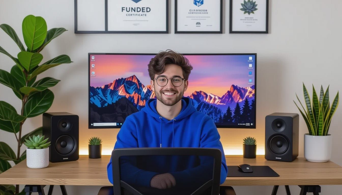 Anime Key Visual: Confident Young Man at Tech Desk