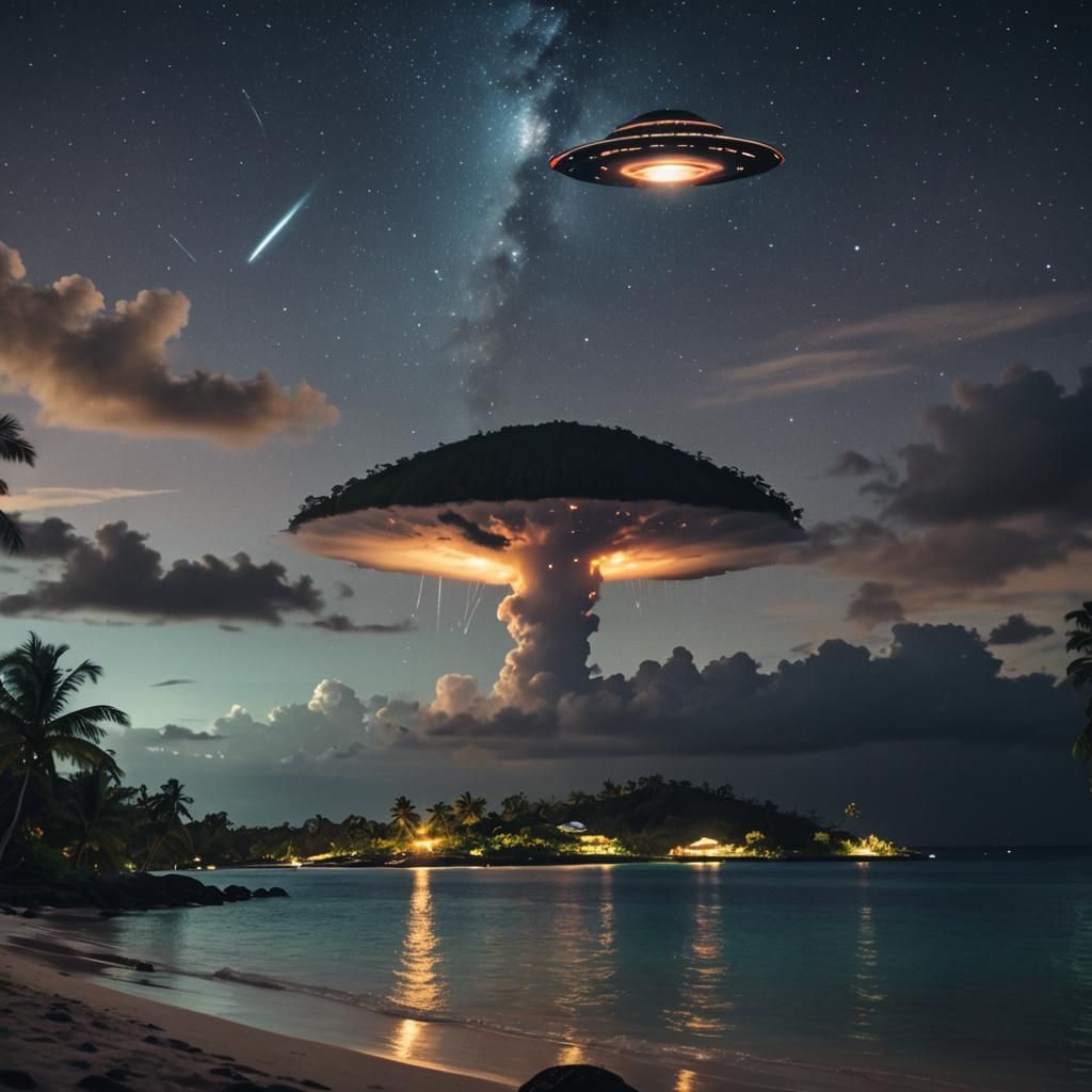 Caribbean Island at Midnight with UFOs: Cinematic Film Still