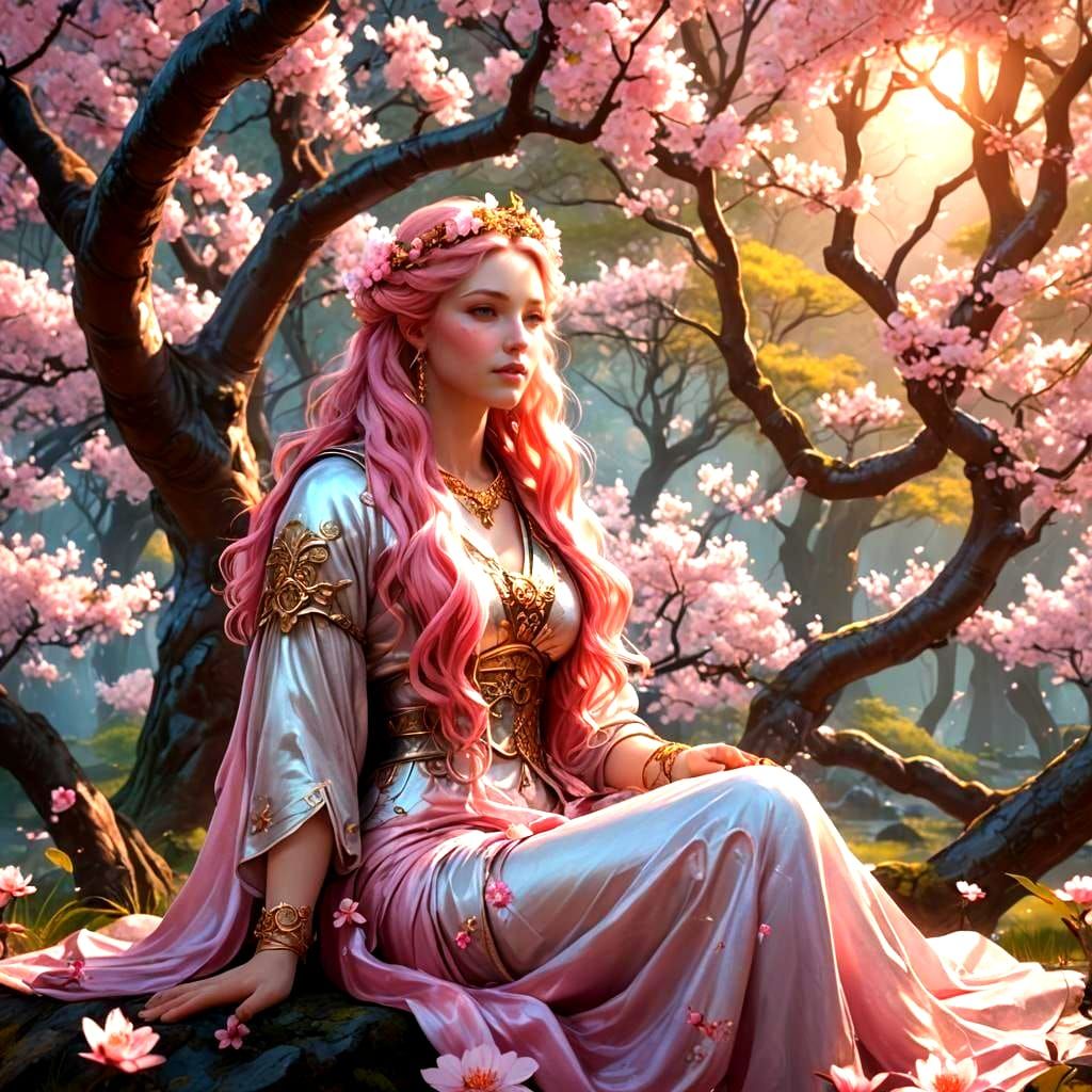 Aphrodite in Cherry Blossom Forest, Detailed Matte Painting