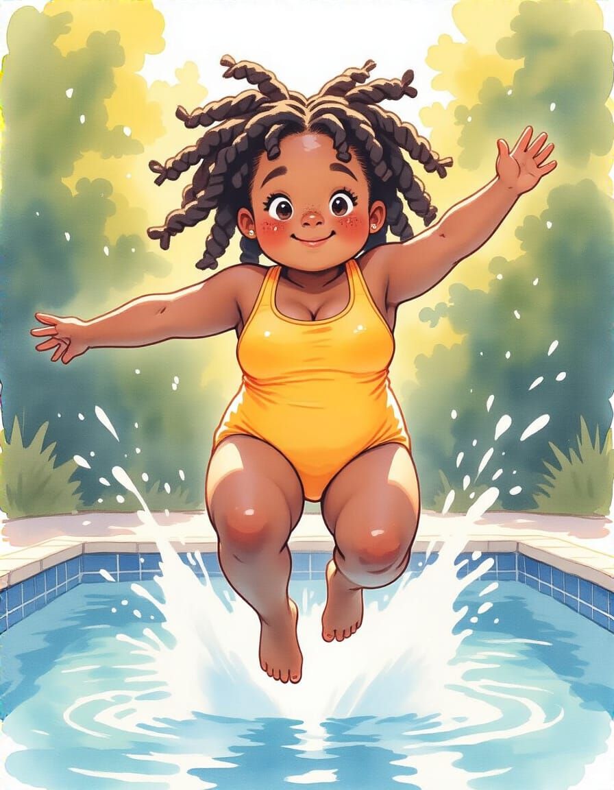 Girl Leaps into Pool: Vibrant Watercolor Art
