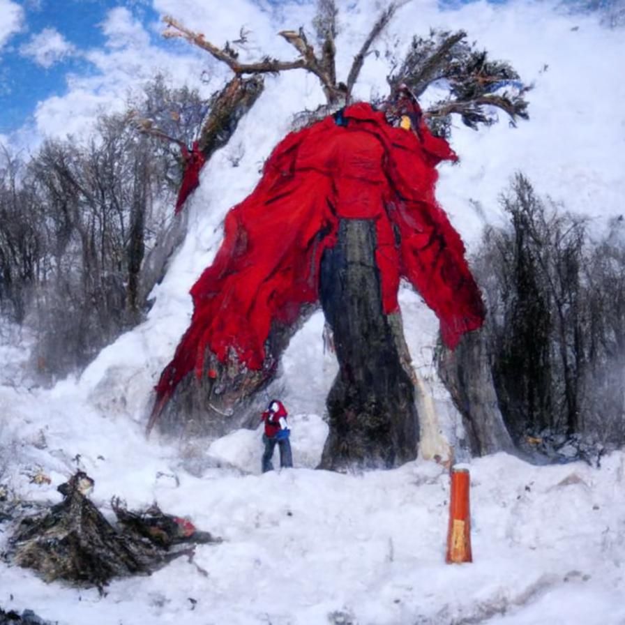 Giant Ash Tree in Deep Snow with Red-Coated Figure