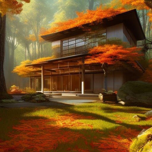 Japanese-Inspired Cabin in Autumn Woods, Hyperdetailed Art