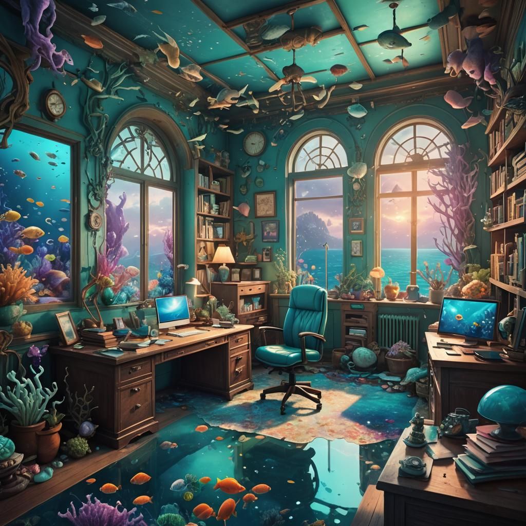 Pastel Underwater World View from Cosy Office