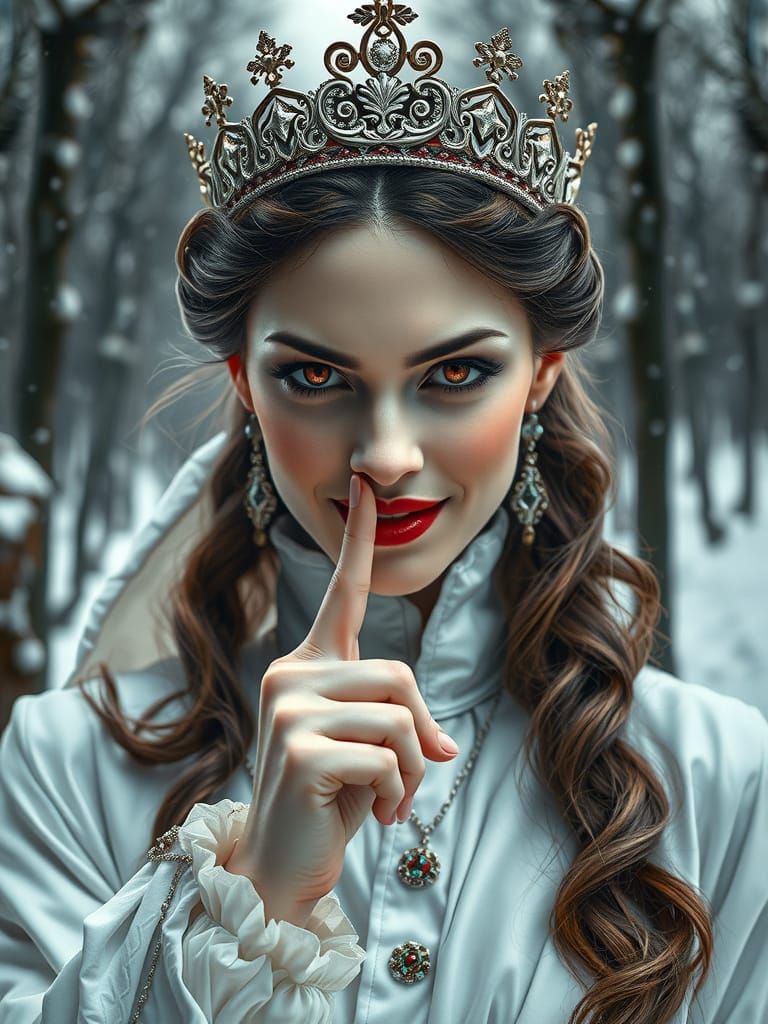 Vampire Queen in Winter Forest with Evil Smile