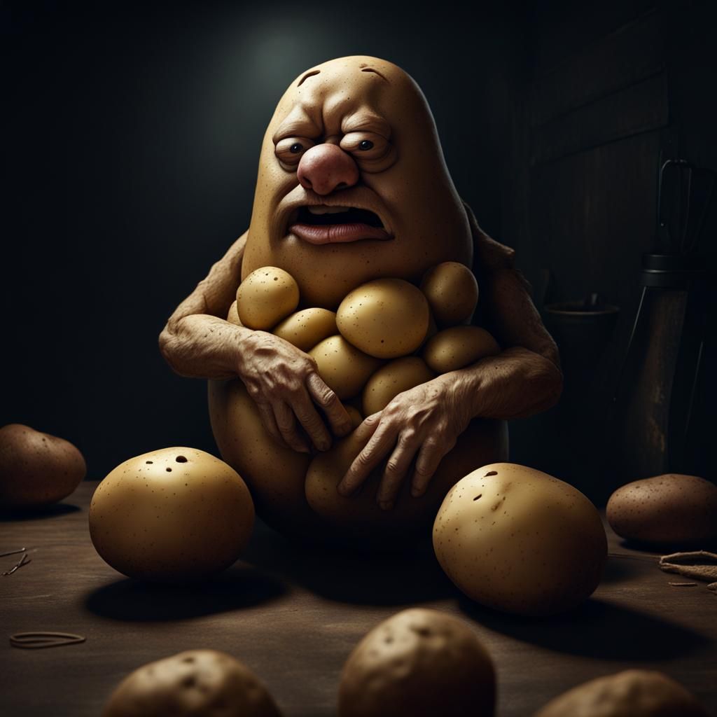 Sad Potato Man Peeling Himself: Photorealistic Art