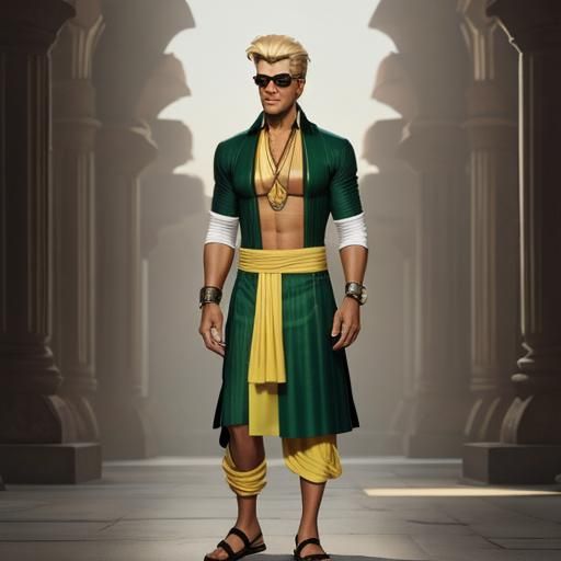 A modern reimagining of Johnny Quest and Hadji wearing his 
Lungi