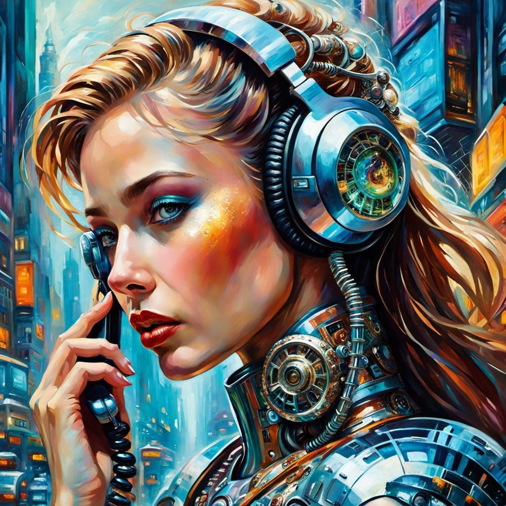 Biomechanical Woman on Landline Phone: Retro-Futuristic Art