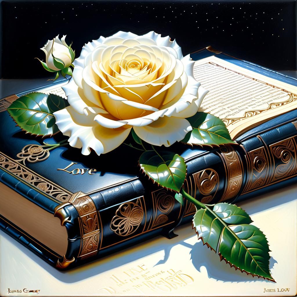 Art Deco Book of Love with White Rose as Oil Painting