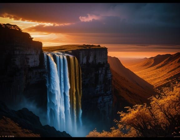 Haute Couture Waterfall at Golden Hour Sunset