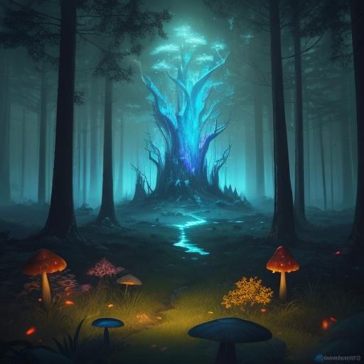 Glowing Mushrooms in Mystical Forest: Fantasy Concept Art