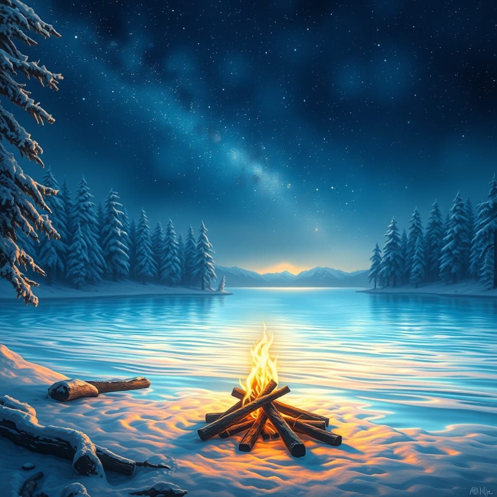 Cosmic Campfire Radiates Golden Glow on Shimmering Lake