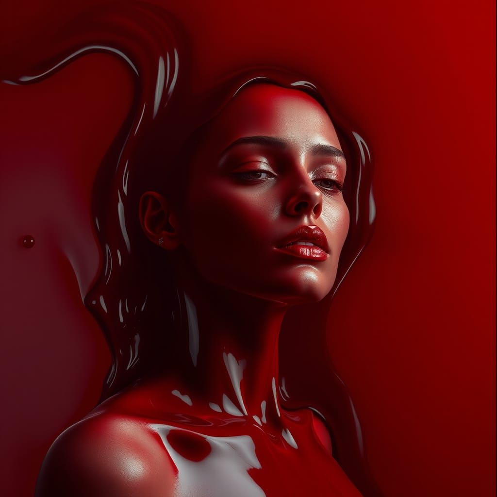 Woman Emerging from Dark Red Paint in Photorealistic Style