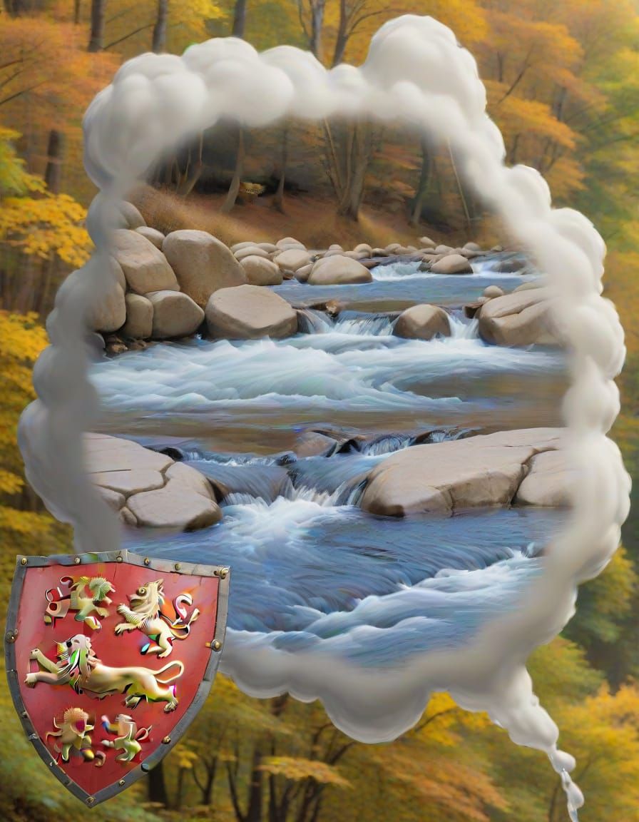 Medieval Shield in Cloudy Thought Balloon with Waterfall