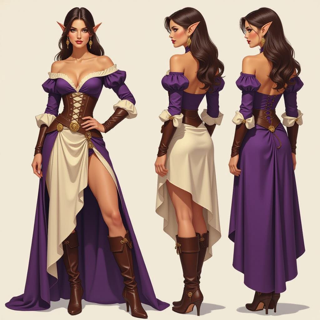 Elf Female Character Design Sheet in Oil Painting Style
