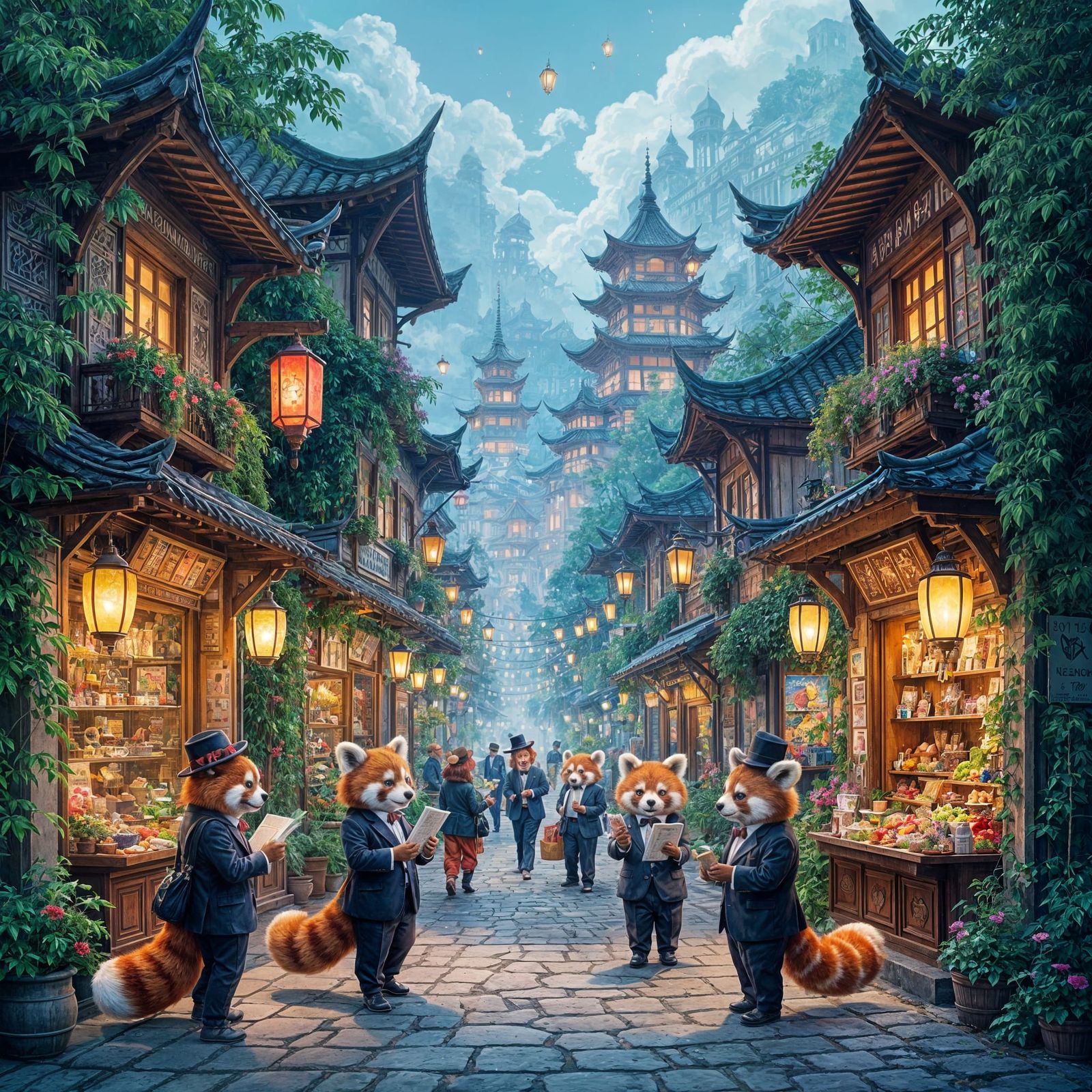 Red Pandas in Suits Run Markets in Whimsical Cityscape
