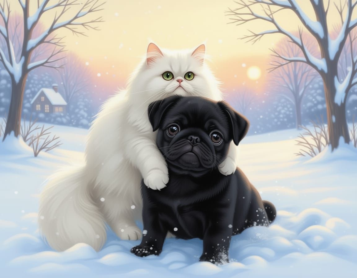 Black Pug Puppy and White Persian Cat in Snowy Landscape