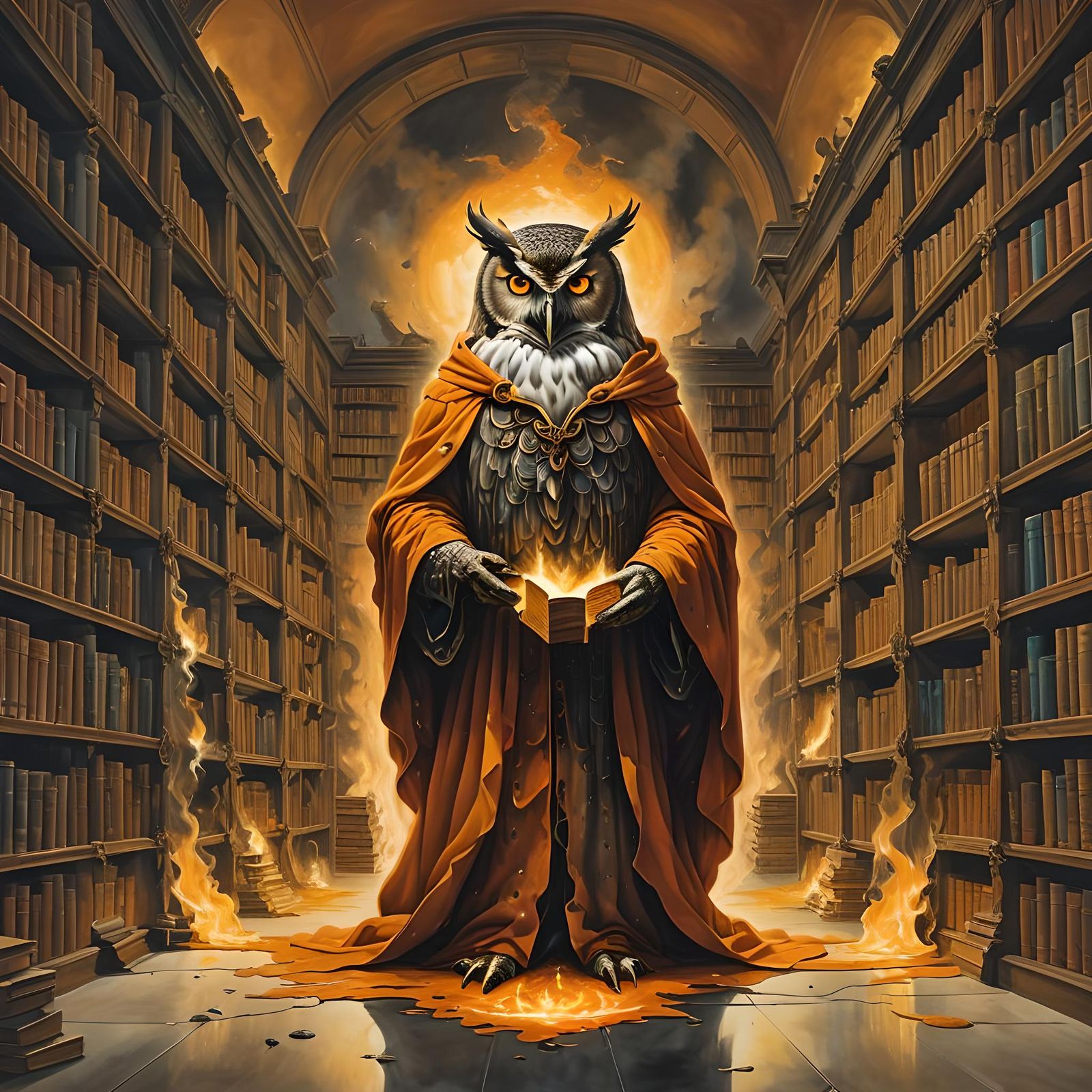 Anthropomorphic Owl Guardian in Infinite Library: Surrealist...