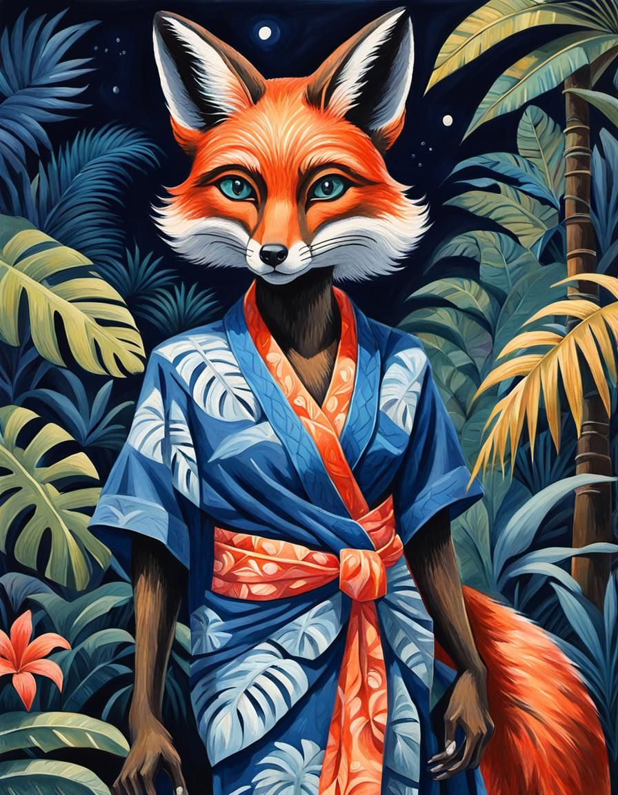Fox Portrait in Mid-Century Tiki Gouache Style