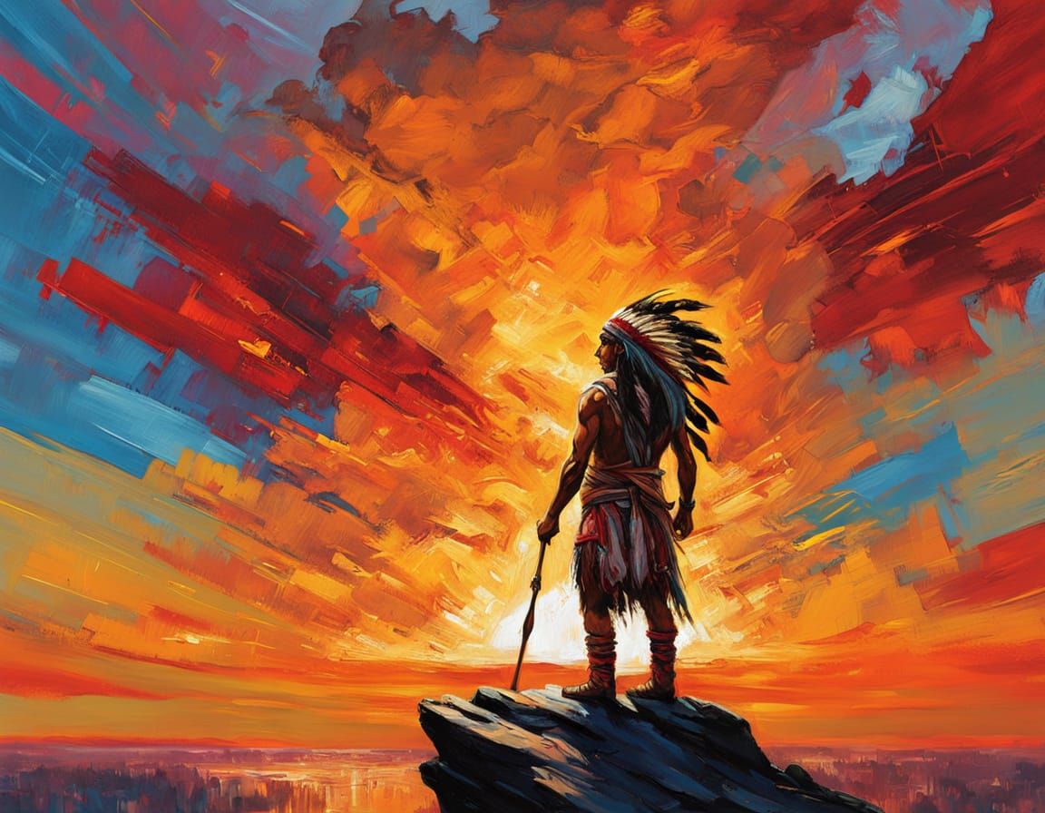 Native American Warrior at Sunset, Expressionist Impasto Pai...
