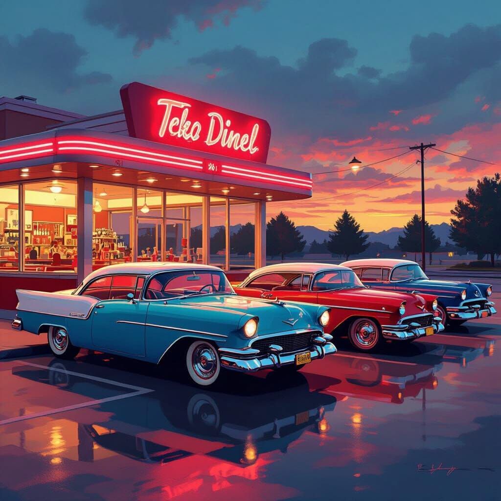 Retro Diner at Dusk in Vibrant Americana Style
