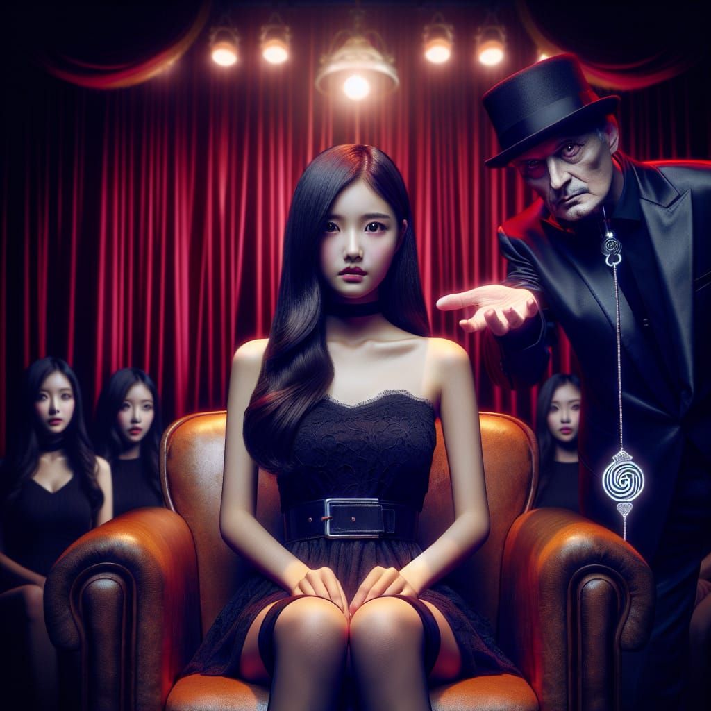 Hypnotic Stage Show with Young Woman, Hyperrealistic Style