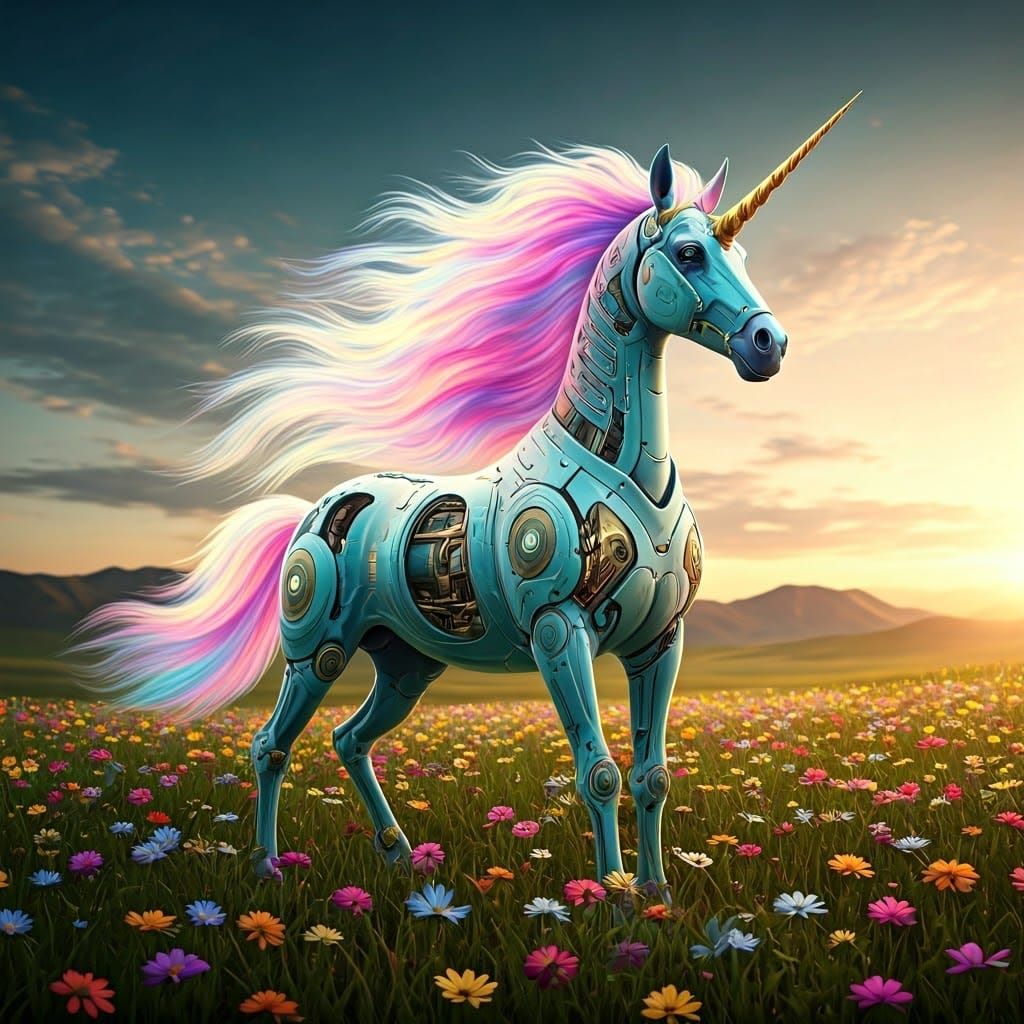 Hyperrealistic Cyborg Unicorn in Colorful Pasture