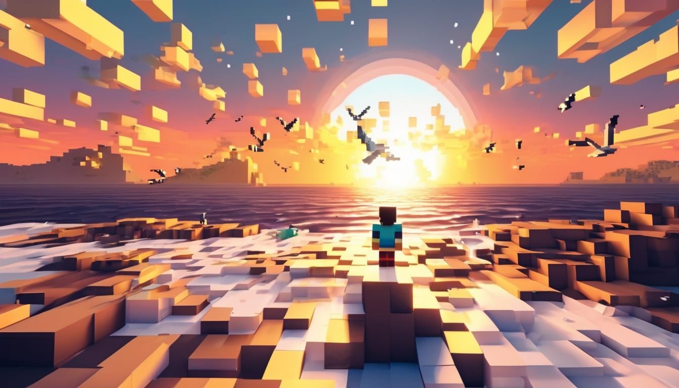 Minecraft Character at Sunset in Blocky Pixel Art