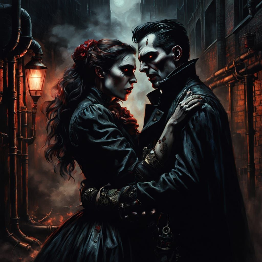Steampunk Vampire Couple Embrace in Gothic Oil Painting