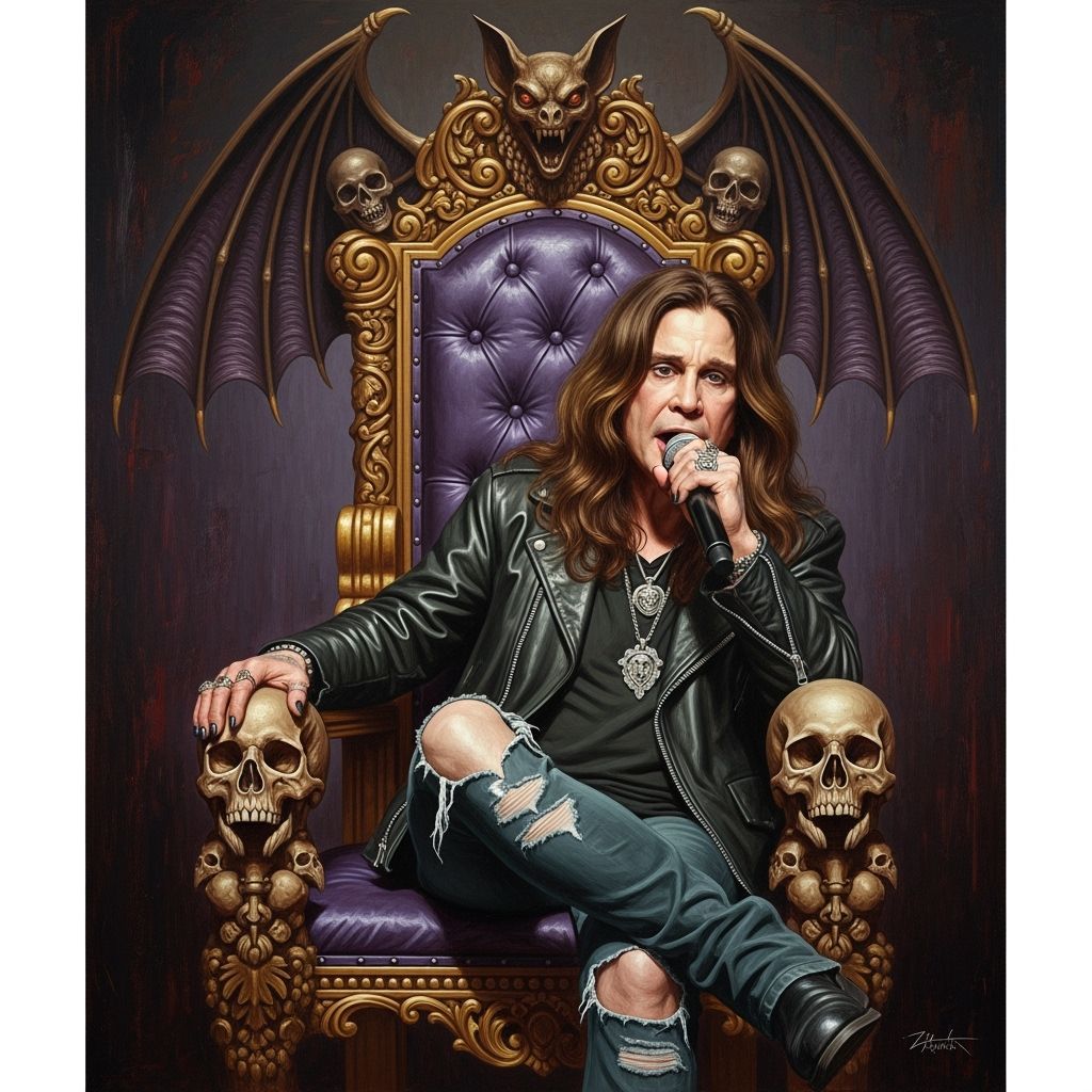 Ozzy Osbourne Sings on Skull Throne in Gothic Oil Painting