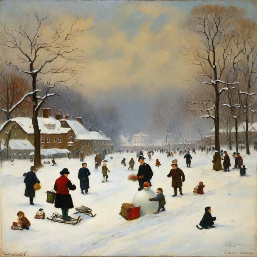 Winter Park Scene in 1950s England as Oil Painting