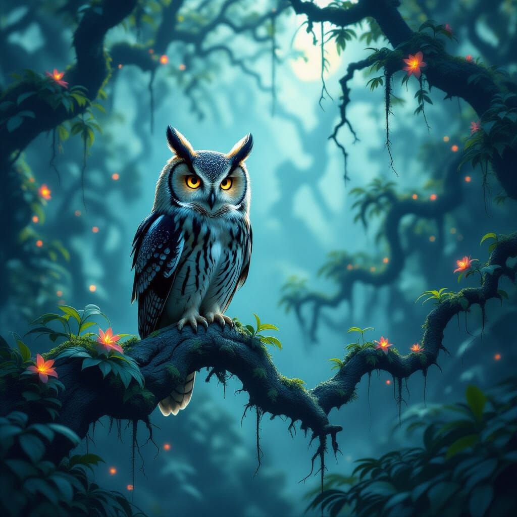 Ancient Owl on Bioluminescent Branch in Alien Jungle