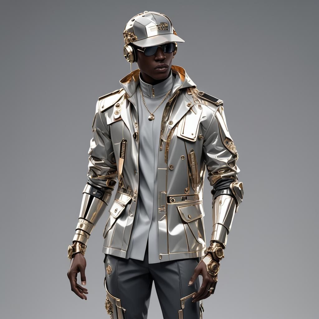 Male AI Rapper with Holographic Sheen in Futuristic Style